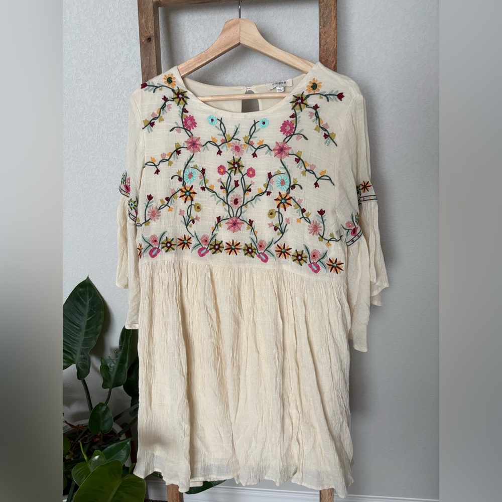 Umgee | Cream Floral Embroidered Flutter Sleeve Sundress *flawed*